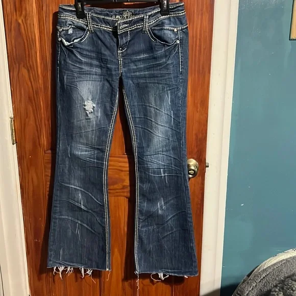 Almost famous, distressed, ripped, flare, blue jeans